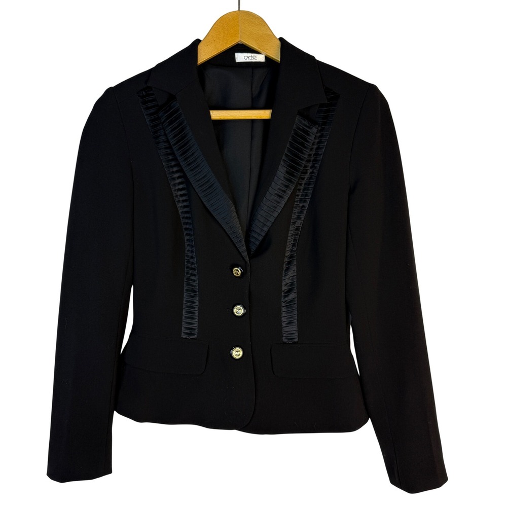 Cache Womens Black Blazer Pleated Silk Trim Gold Crest Buttons Size 0‎